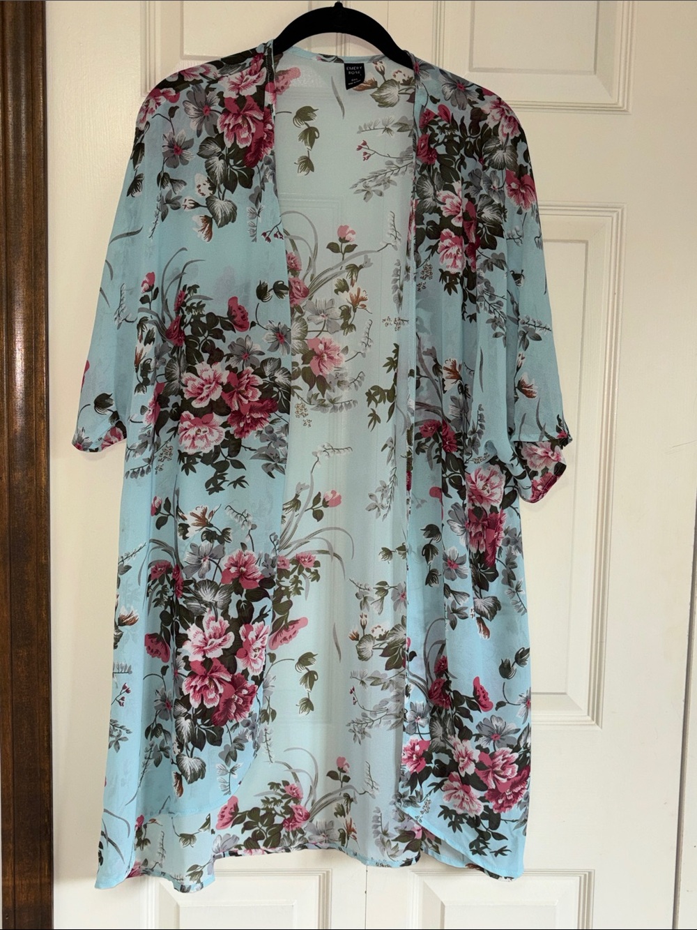 Light Blue Floral Kimono Cardigan - Pink & Green Floral